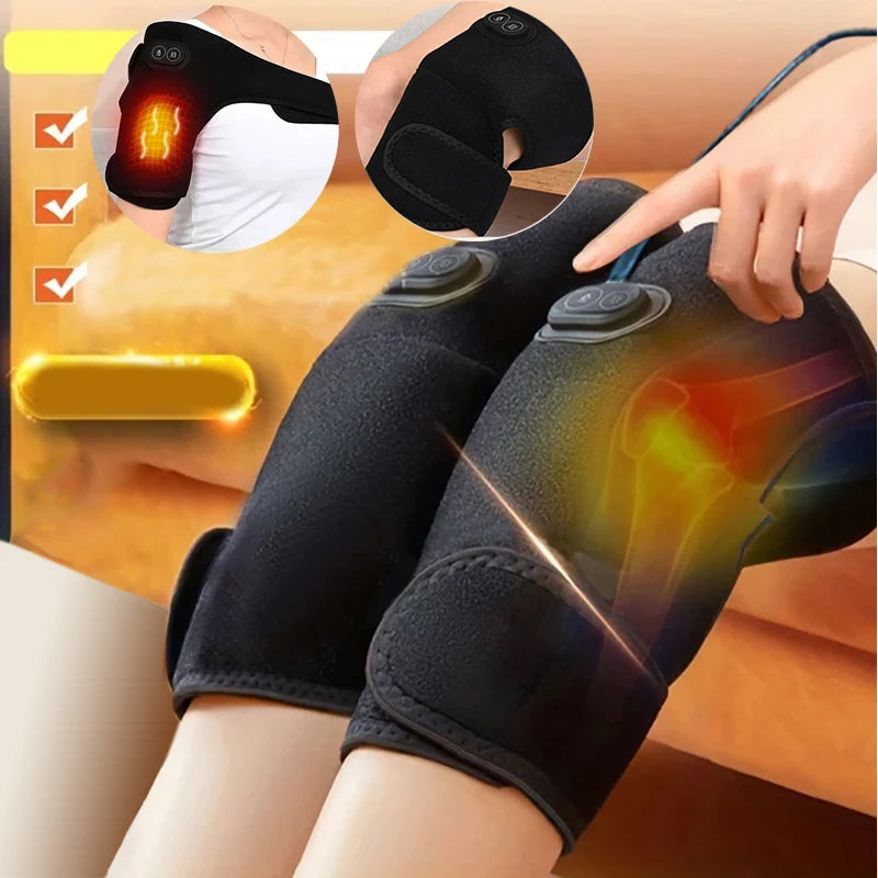 A person is shown wearing a black USB-powered electric shoulder brace and knee massager with adjustable heating levels and vibration massage features.