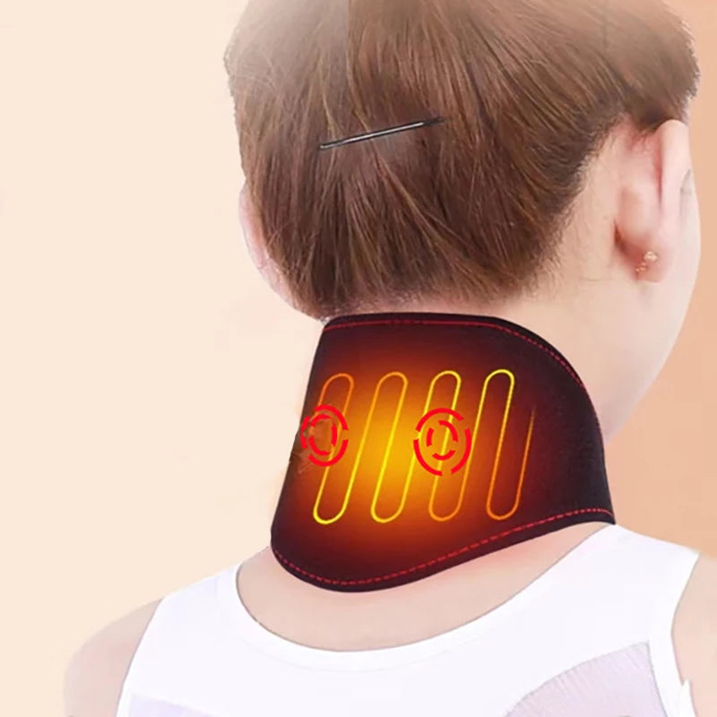An electric heated neck protection belt with adjustable temperature levels, featuring a USB-powered heating element visible as warm orange lines on the black fabric.