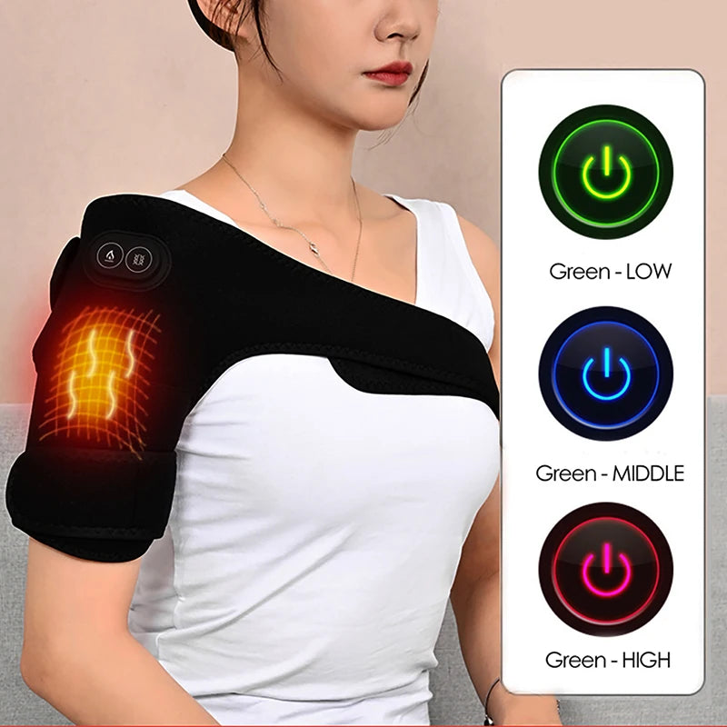 A person is shown wearing a black USB-powered electric shoulder brace massager with adjustable heating levels and vibration massage features.