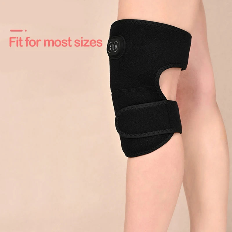 A person is shown wearing a black USB-powered electric knee brace and massager with adjustable heating levels and vibration massage features.