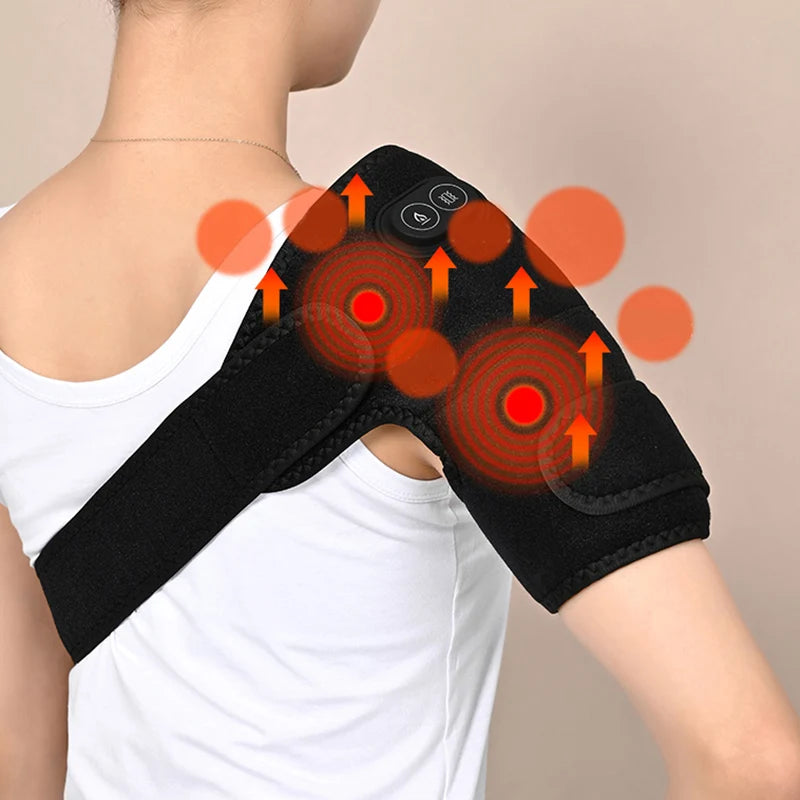 A person is shown wearing a black USB-powered electric shoulder brace massager with adjustable heating levels and vibration massage features.
