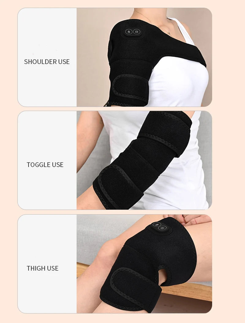 A person is shown wearing a black USB-powered electric shoulder brace, elbow and knee massager with adjustable heating levels and vibration massage features.