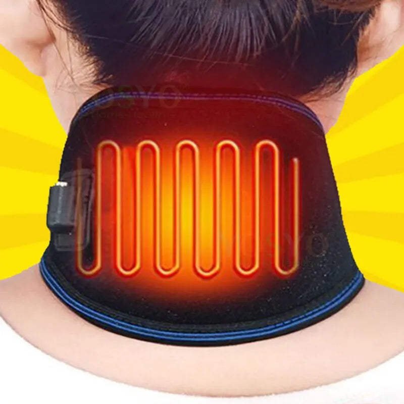 An electric heated neck protection belt with adjustable temperature levels, featuring a USB-powered heating element visible as warm orange lines on the black fabric.