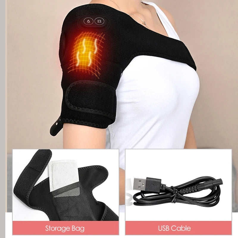 USB Electric Shoulder Brace Heated Knee Massager Vibration Massage Black Support Strap with Adjustable Three Levels of Heating