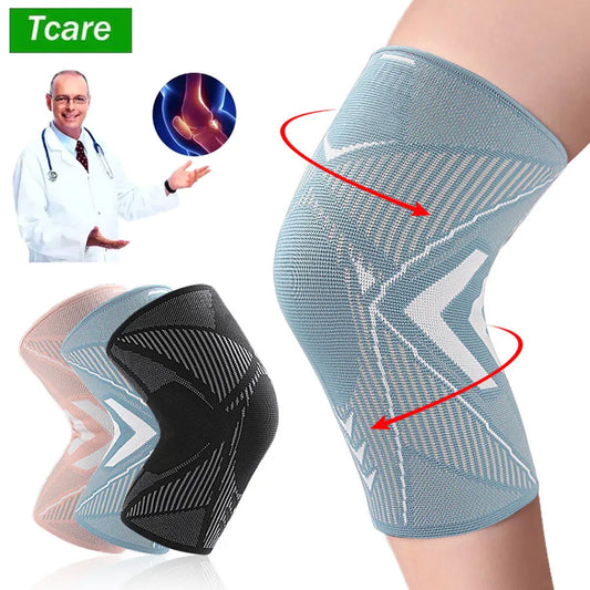 A collage of images showing a knee support brace in blue, pink, and black colors with a non-slip silicone design, featuring a doctor咨询 and the brace being worn during physical activity.