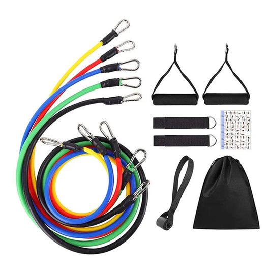 An 11-piece resistance band set including various colored bands, handles, ankle straps, a door anchor, and a carrying bag.