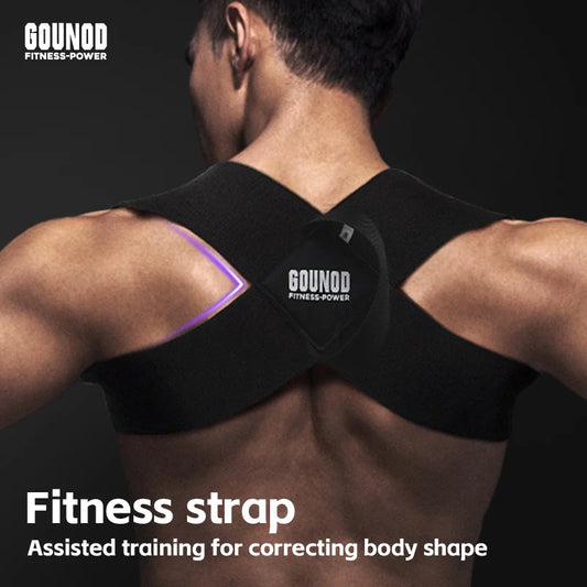 A person wearing a black adjustable posture back corrector with the GOUNOD brand logo over their shoulders.