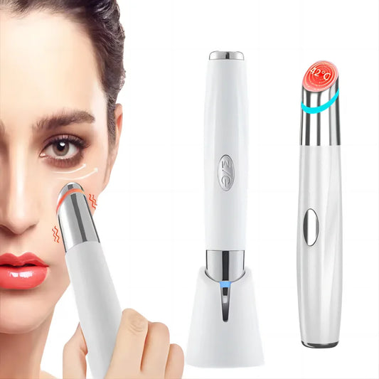 A collage of three images showing a portable beauty device with LED light therapy being used on various parts of the face, including the eye area, cheek, and lip.