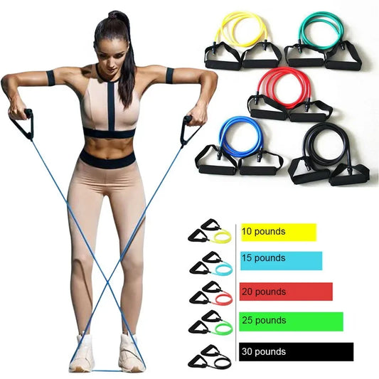 A person exercising with a blue resistance band, with images of other resistance bands in different colors (yellow, green, red, blue, black) indicating varying resistance levels.