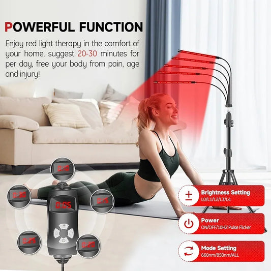 An advertisement image featuring a woman sitting on a mat using a 30W LED red light therapy lamp with stand. The lamp is highlighted with red light beams indicating its powerful function for pain relief and wound healing.