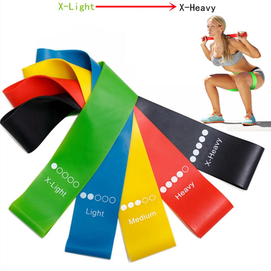 A set of five resistance bands in different colors, with varying resistance levels indicated by X-Light to X-Heavy. An individual is shown using a resistance band for an exercise.