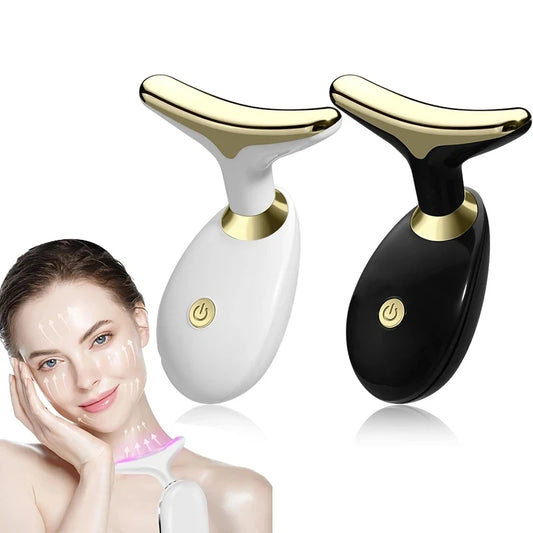 Two 7-Color LED Facial Massagers, one in white and one in black, with a woman touching her face in the background, indicating skin care usage.