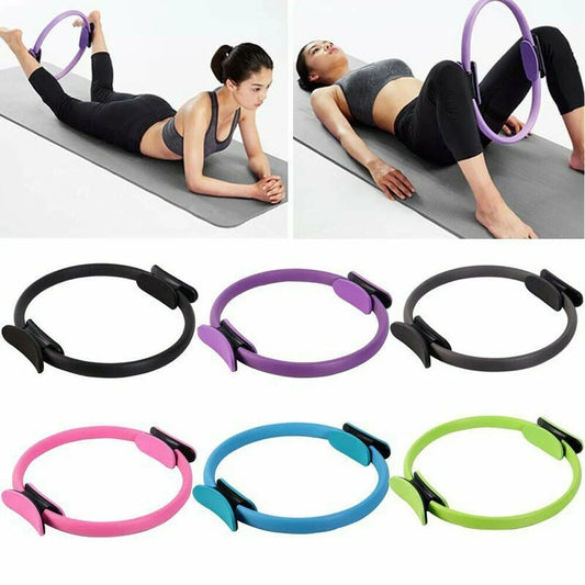 A set of Pilates Fitness Rings in various solid colors including black, gray, purple, blue, and green, with individuals demonstrating its use for exercise.